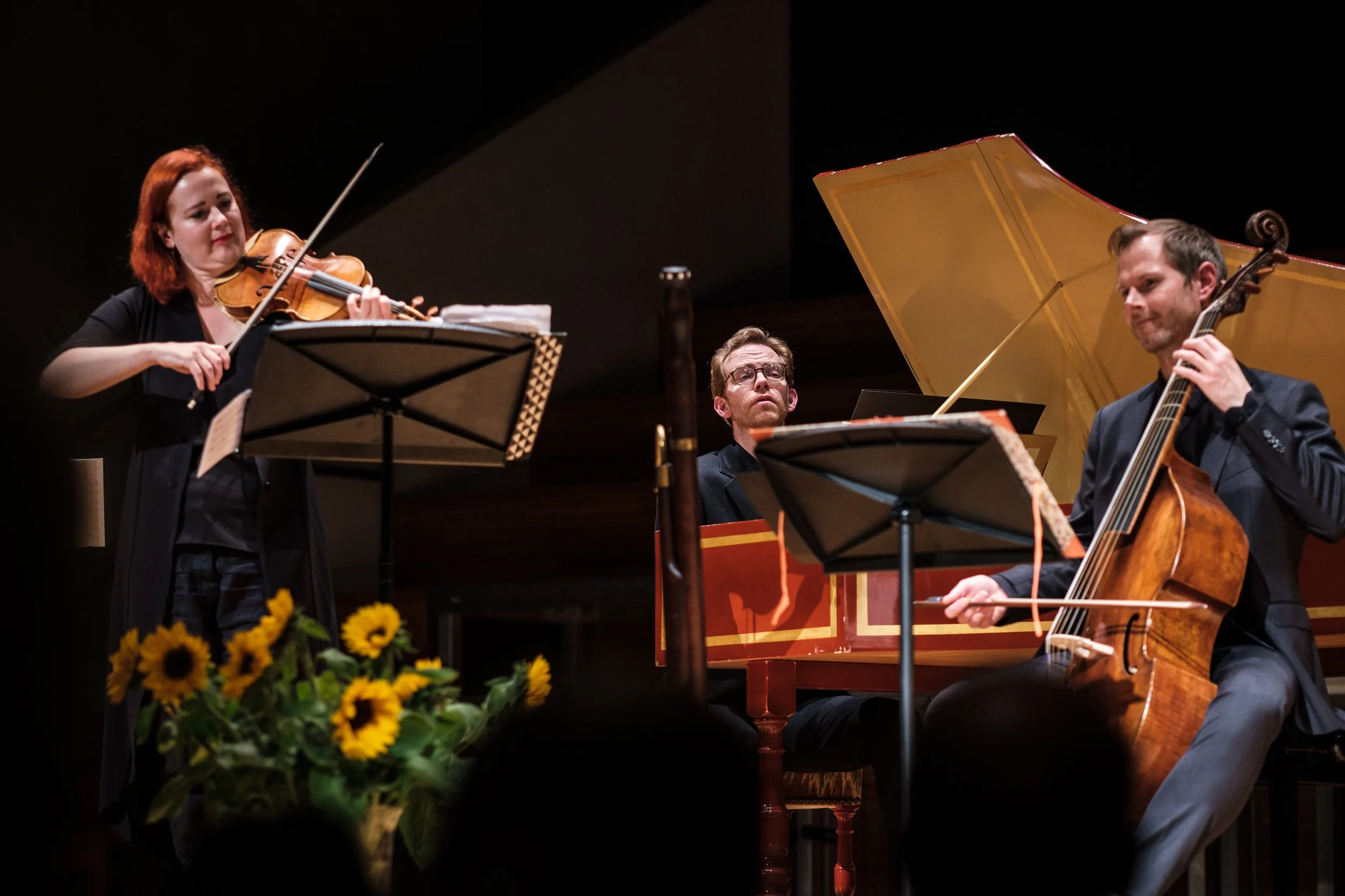 Drei Musiker spielen ein Streichinstrument, ein Klavier und eine Kontrabass in einem Konzertsaal, im Vordergrund sind Sonnenblumen.