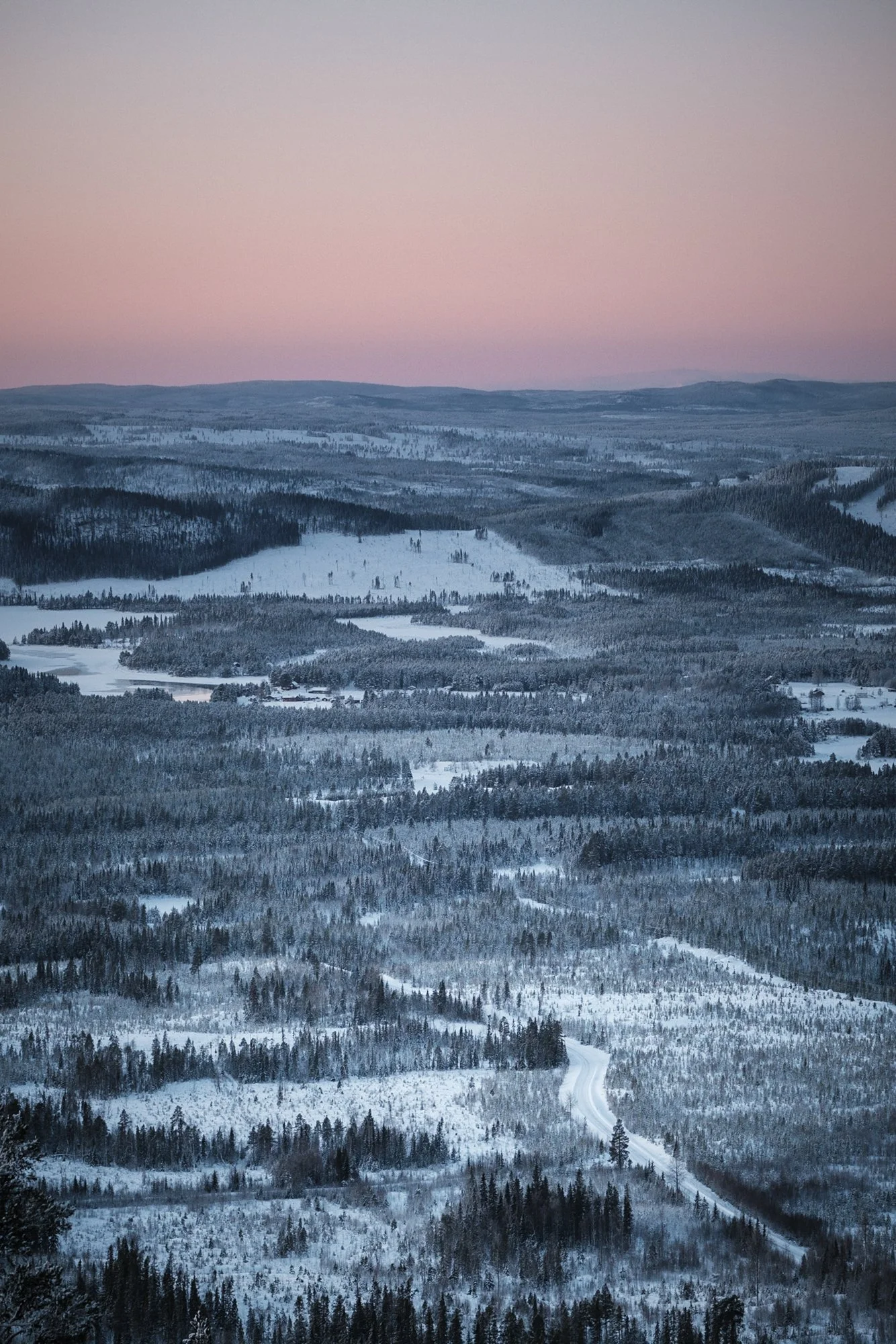 Landschaft mit verschneiten Bäumen und Hügeln bei Sonnenuntergang im Winter.