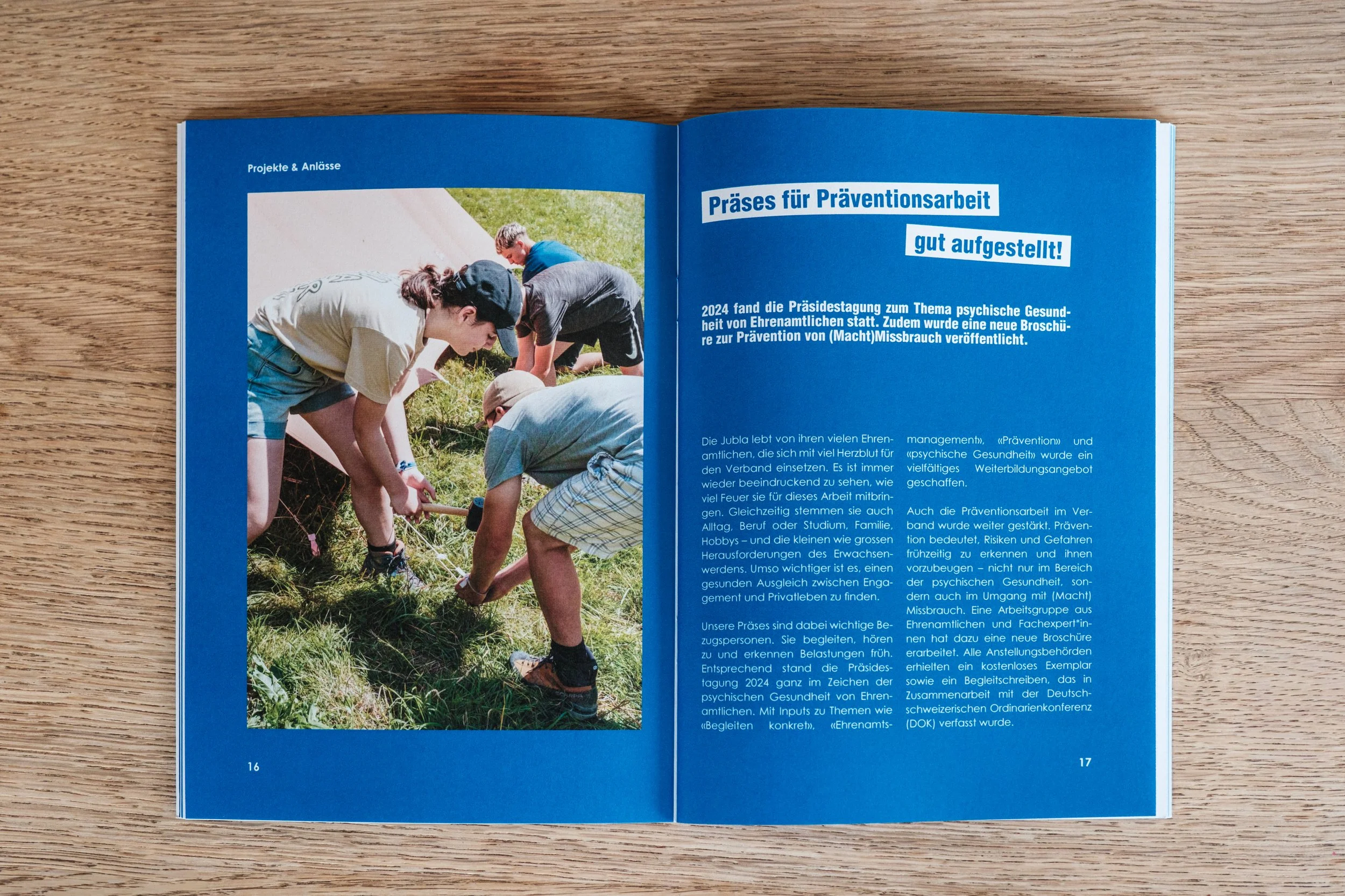 Zwei Jungen und ein Mädchen im Freien, die an einem Projekt im Gras arbeiten, mit blauer Broschüre auf der rechten Seite.