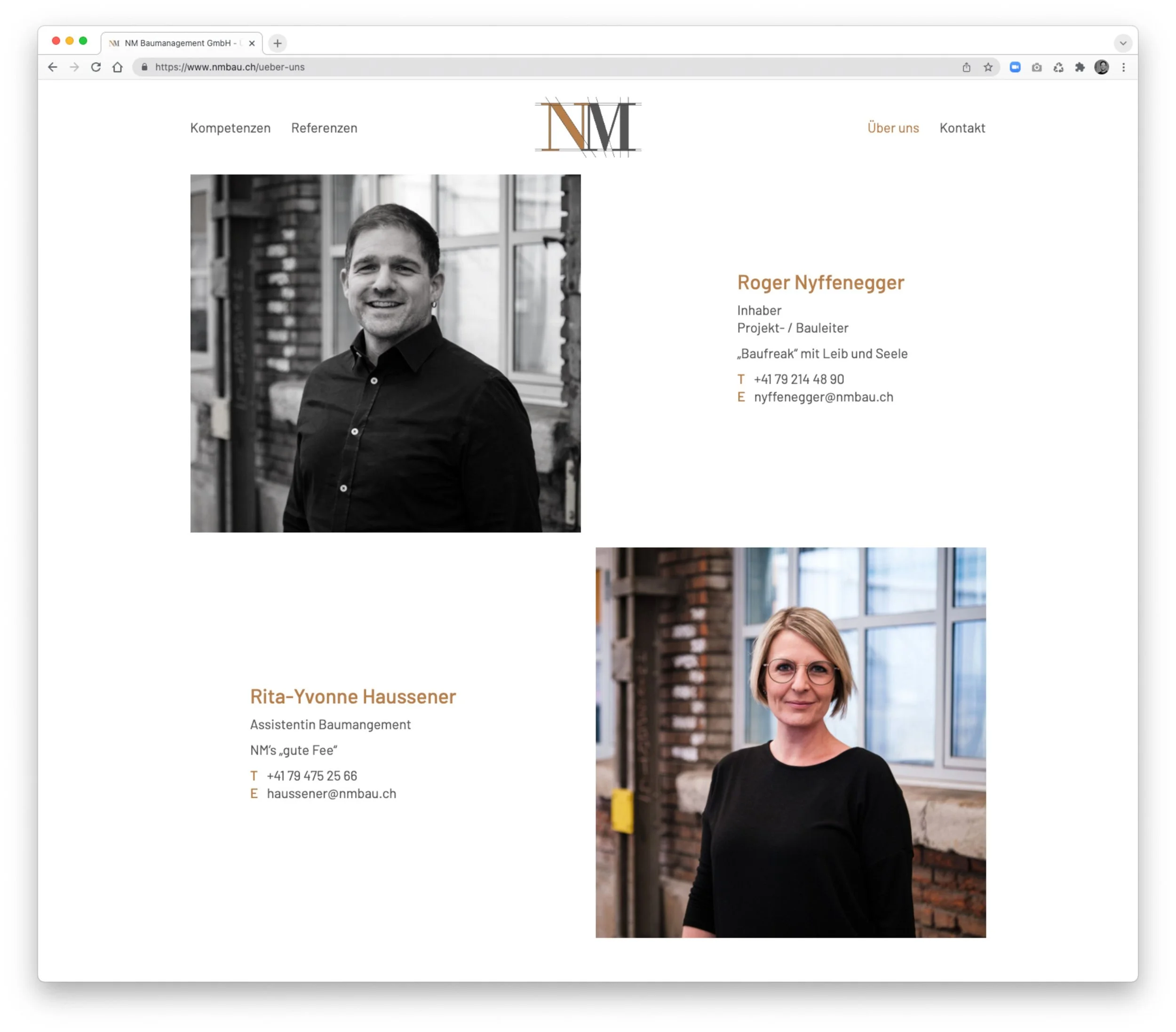 Webseite mit Portraitfotos von Roger Nyffengenegger und Rita-Yvonne Haussener, inklusive Kontaktdaten und beruflichen Titeln.