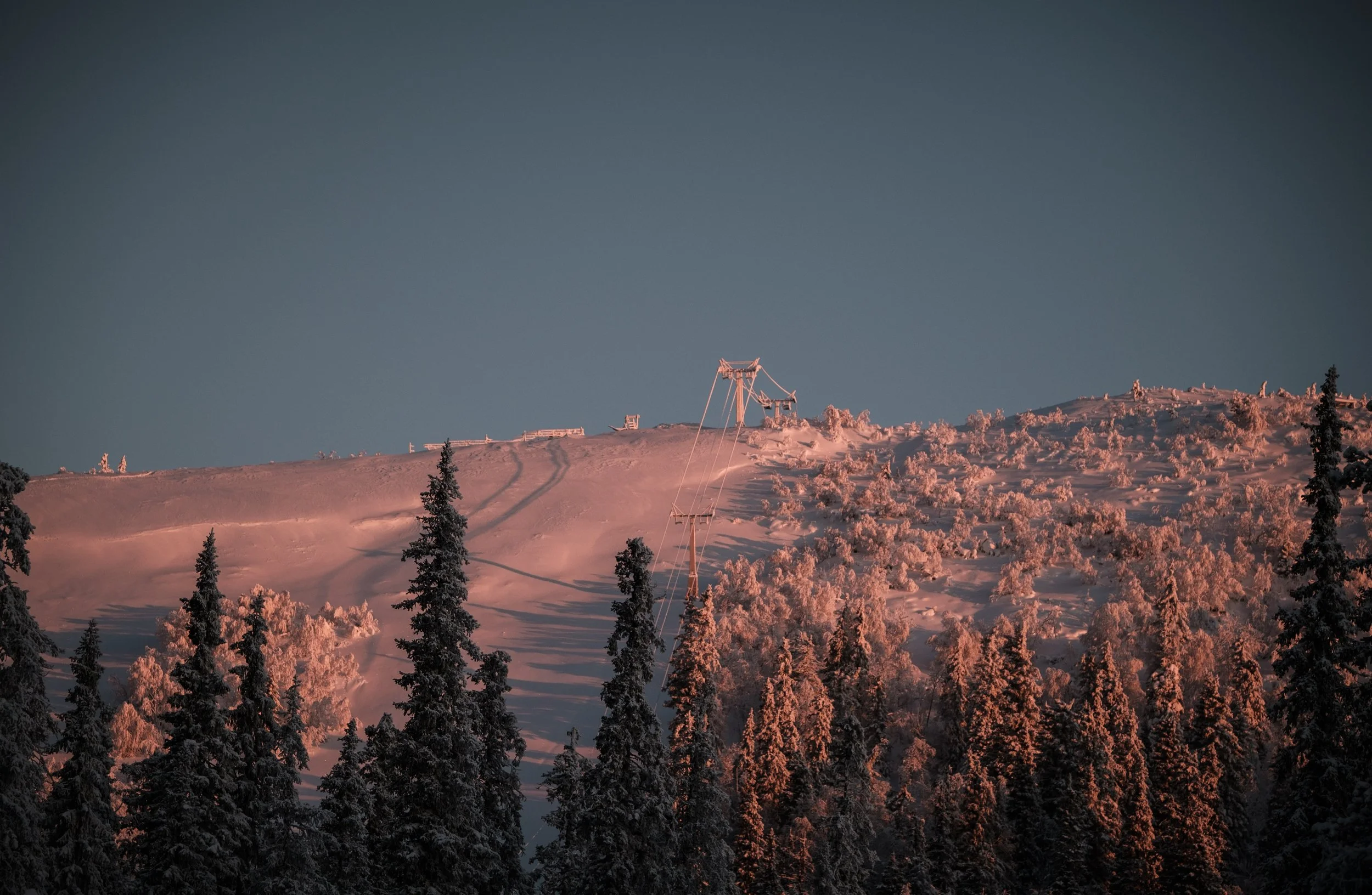 Berg mit verschneiten Tannenbäumen im Vordergrund bei Sonnenuntergang und eine Skilift-Station auf der Bergkuppe.