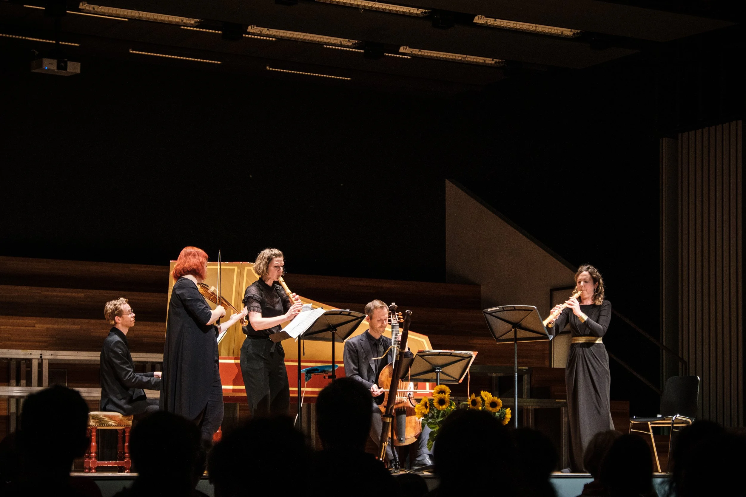 Musiker auf einer Bühne mit fünf Mitgliedern, die verschiedene Musikinstrumente spielen, darunter Violine, Oboe, Cello und eine Laute, während sie im Dunkeln vor Publikum auftreten.