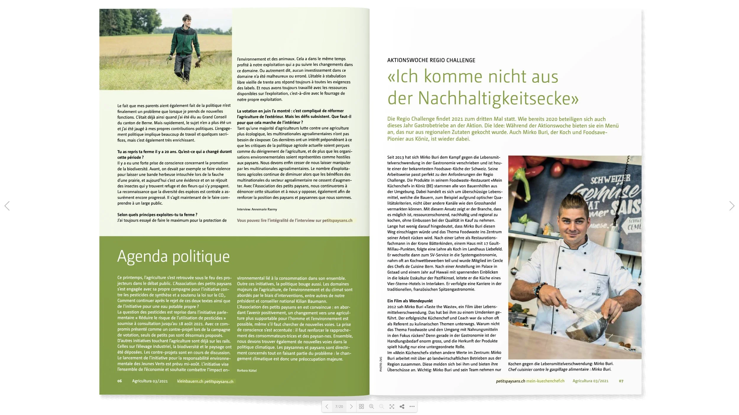 Doppeltes Magazin mit Text und Bild. Linke Seite zeigt einen Jungen im Feld mit einem grünen Hintergrund, rechte Seite einen Koch in der Küche, der eine Kelle hält. Text in Deutsch und Französisch über nachhaltige Landwirtschaft und regionale Ernähru