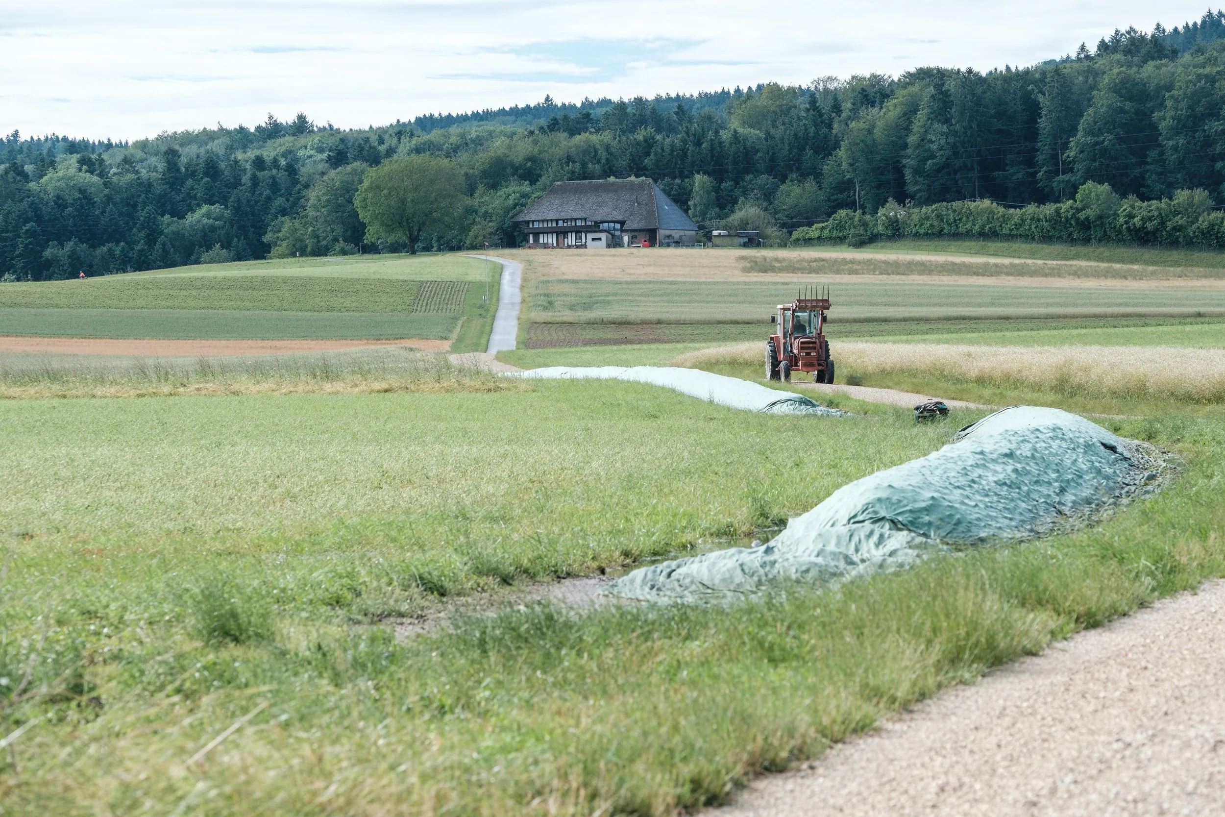 Landschaft mit Feldern, landwirtschaftlichem Traktor, einem Gebäude im Hintergrund und einem bewölkten Himmel.